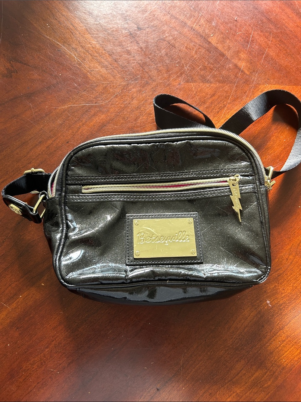 Betsey Johnson Black Patent Betseyville Crossbody with Gold Plaque